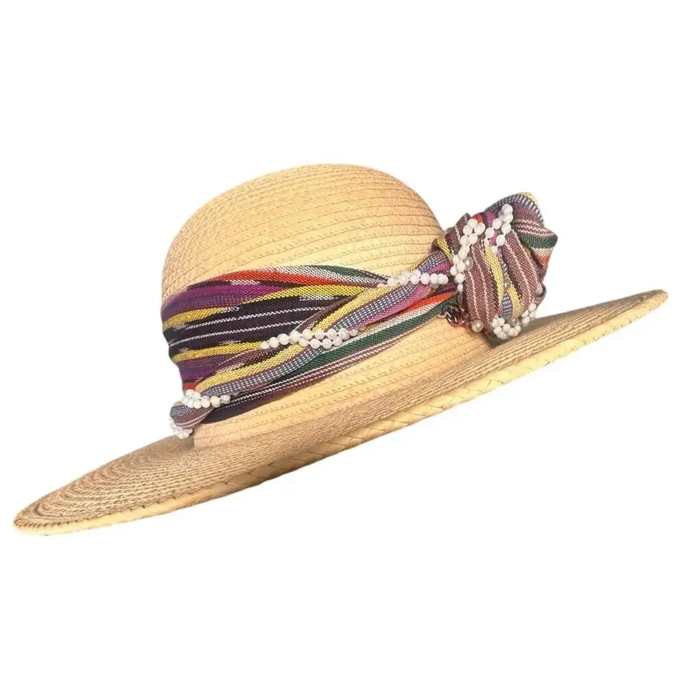 La Giralda Handcrafted Palm Leaves Sun Hat Sz 60 Multicolor Knot 90s Boho Resort - Picture 9 of 13